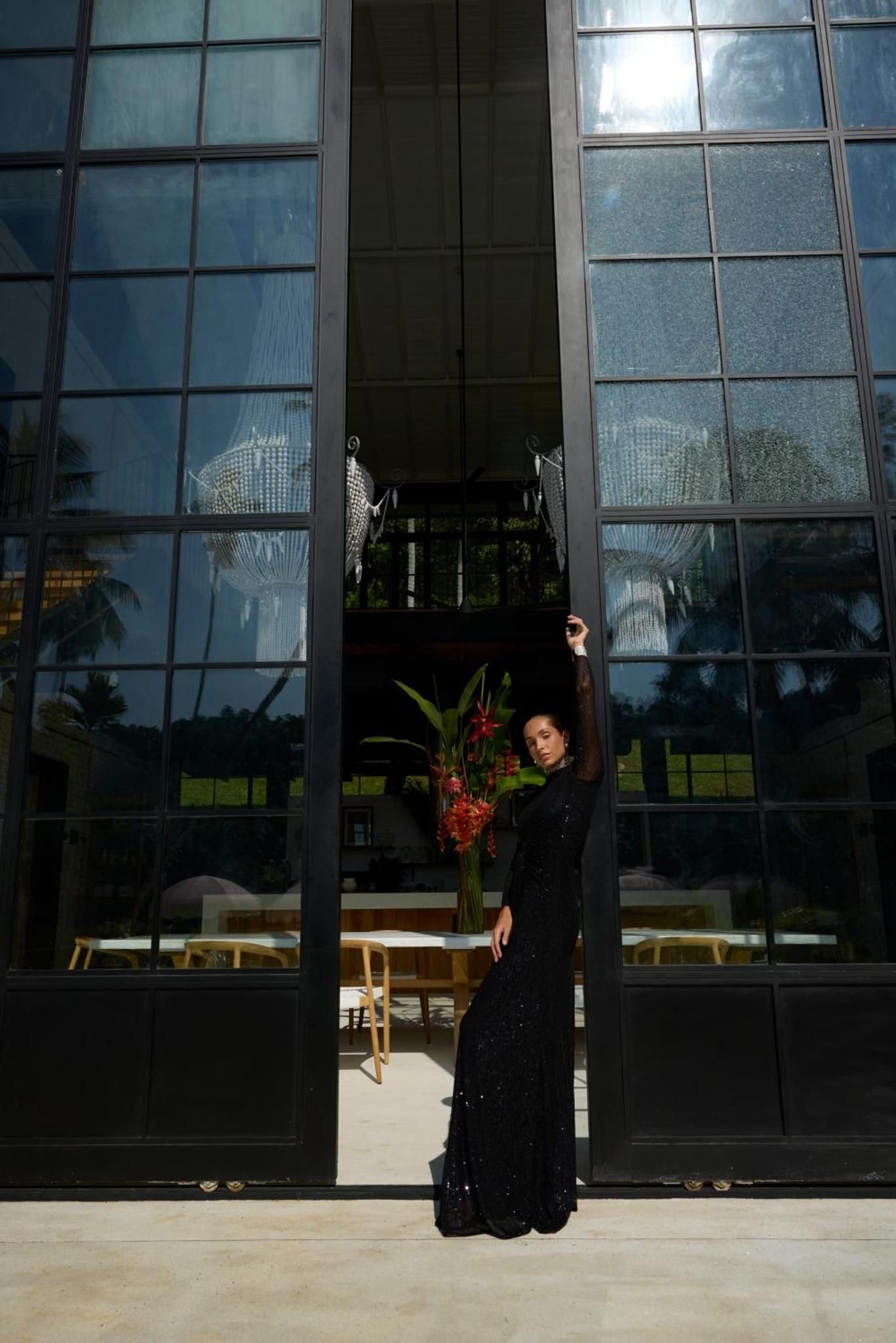 Tall black Crittall doors at the entrance